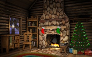 Interior of a cabin decorated for Christmas with a Christmas tree, presents and stockings hanging over the fireplace