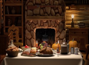 A full Thanksgiving dinner on a table set in cozy cabin